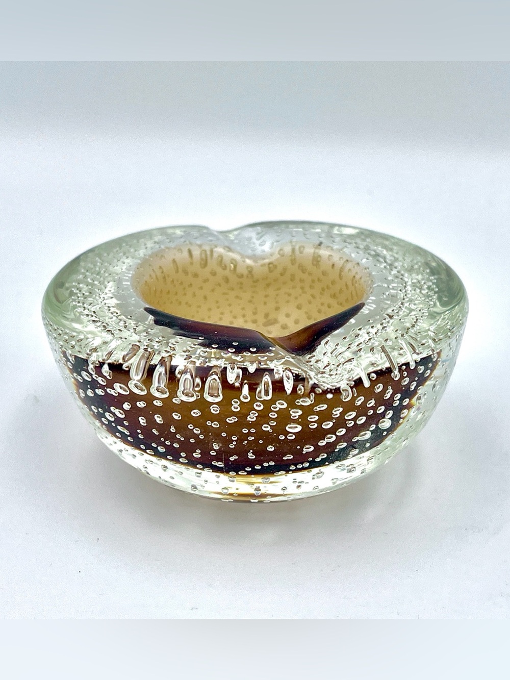 Vintage Murano Bullicante Bubble Glass Ashtray Mid Century Amber Brown Catchall
